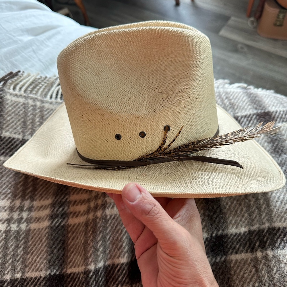 Men's Bailey U-Roll It Cream Panama Straw 10 Gallon Cowboy Hat with Feather